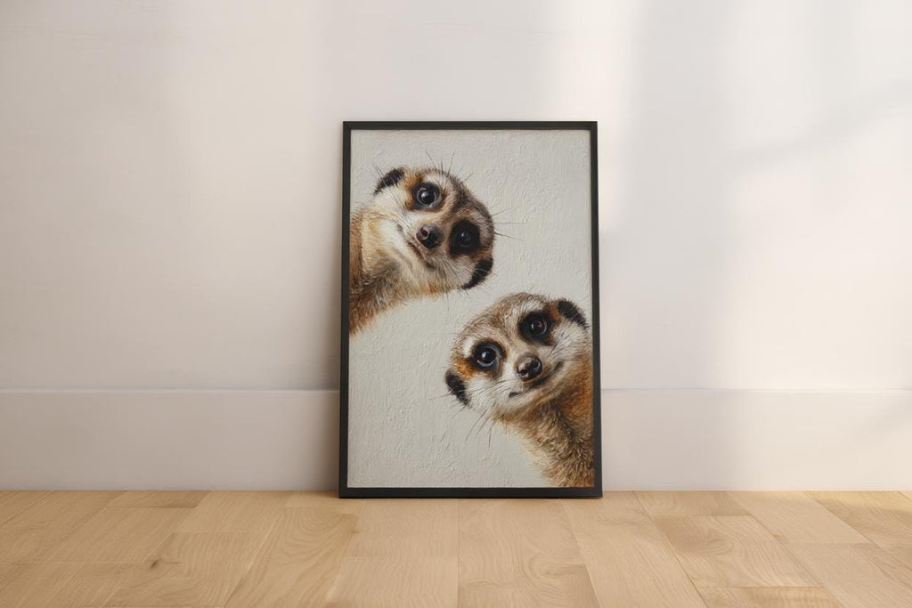 Meerkats Painting, Whimsical Curious Animal Print, Modern Safari Nursery Decor, Playful Wildlife Fine Art, Cute Funny African Pet Portrait