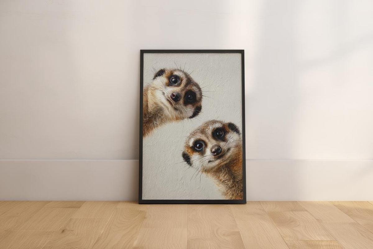 Meerkats Painting, Whimsical Curious Animal Print, Modern Safari Nursery Decor, Playful Wildlife Fine Art, Cute Funny African Pet Portrait