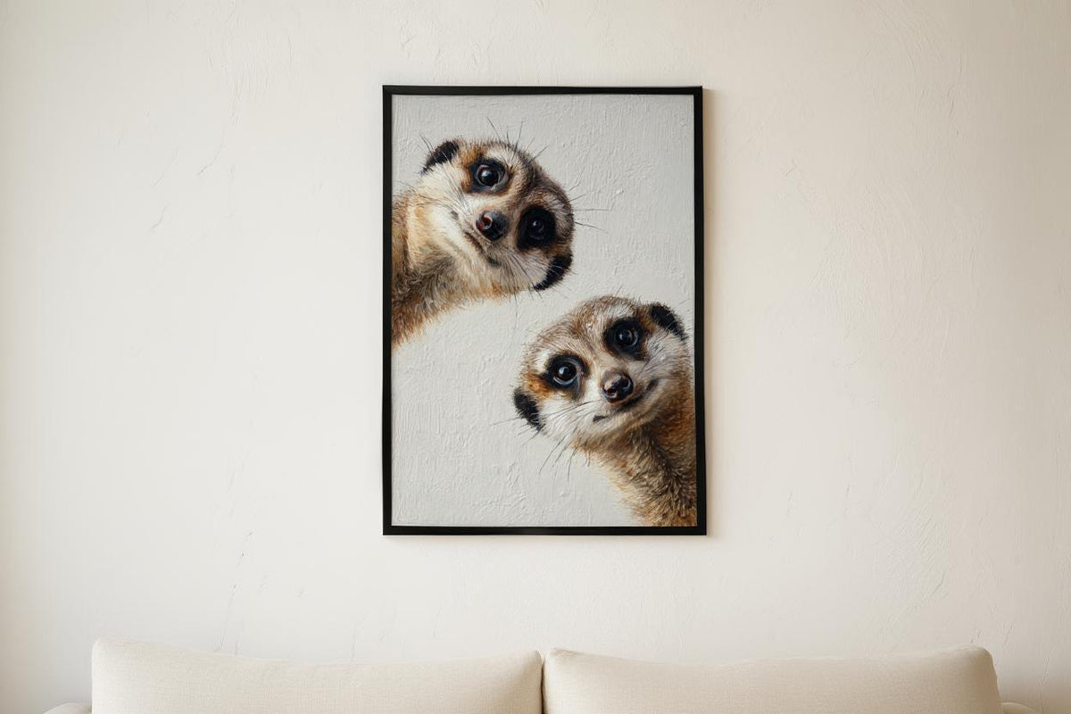 Meerkats Painting, Whimsical Curious Animal Print, Modern Safari Nursery Decor, Playful Wildlife Fine Art, Cute Funny African Pet Portrait