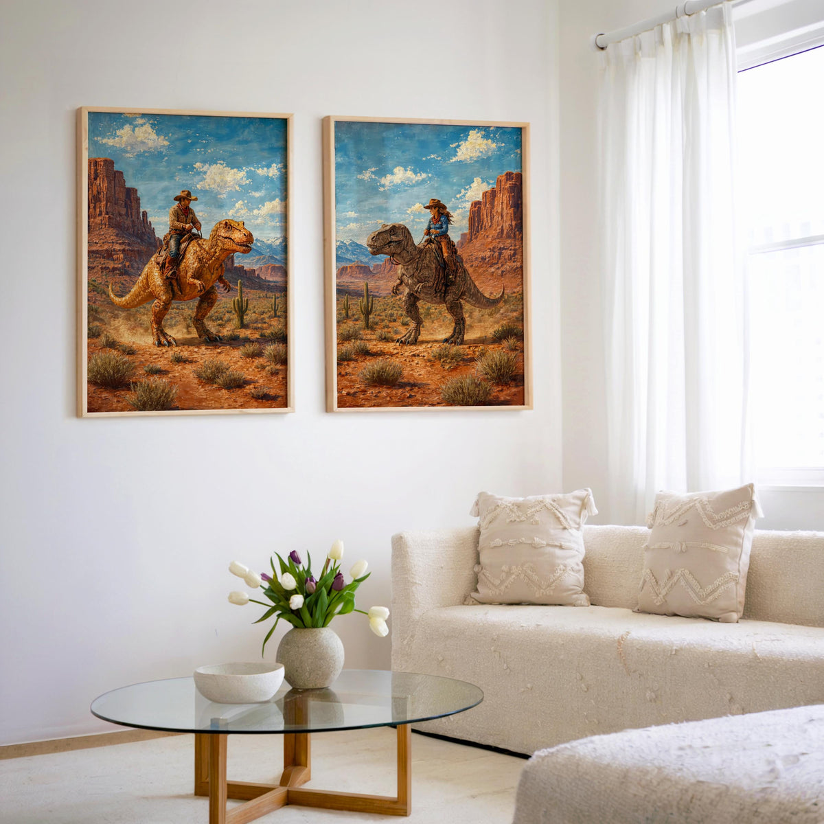 Cowboy & Cowgirl Riding Dinosaur Set of 2, Vintage Western T-Rex Print, Surreal Desert Landscape Deco, Funny Retro Jurassic Dino Print