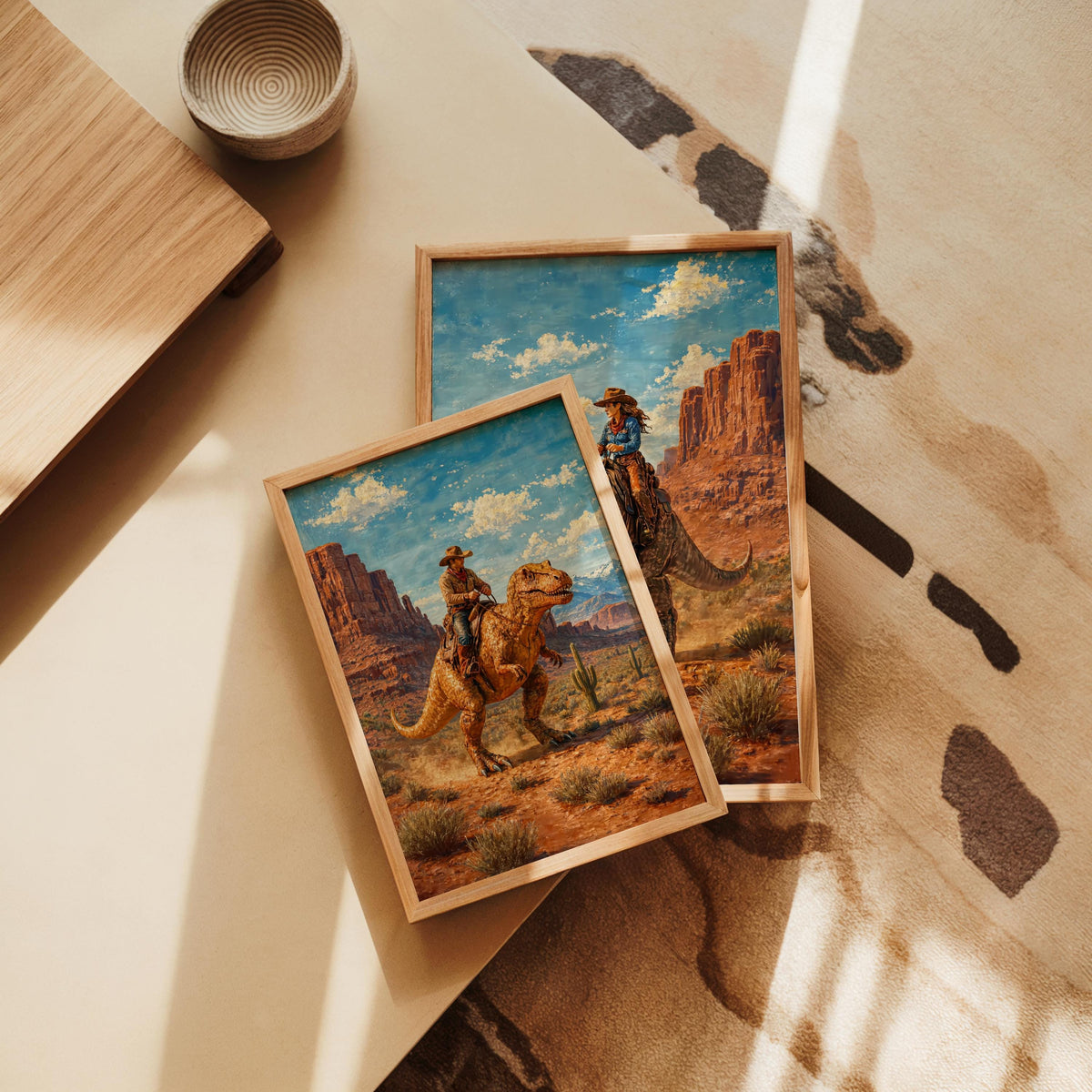 Cowboy & Cowgirl Riding Dinosaur Set of 2, Vintage Western T-Rex Print, Surreal Desert Landscape Deco, Funny Retro Jurassic Dino Print