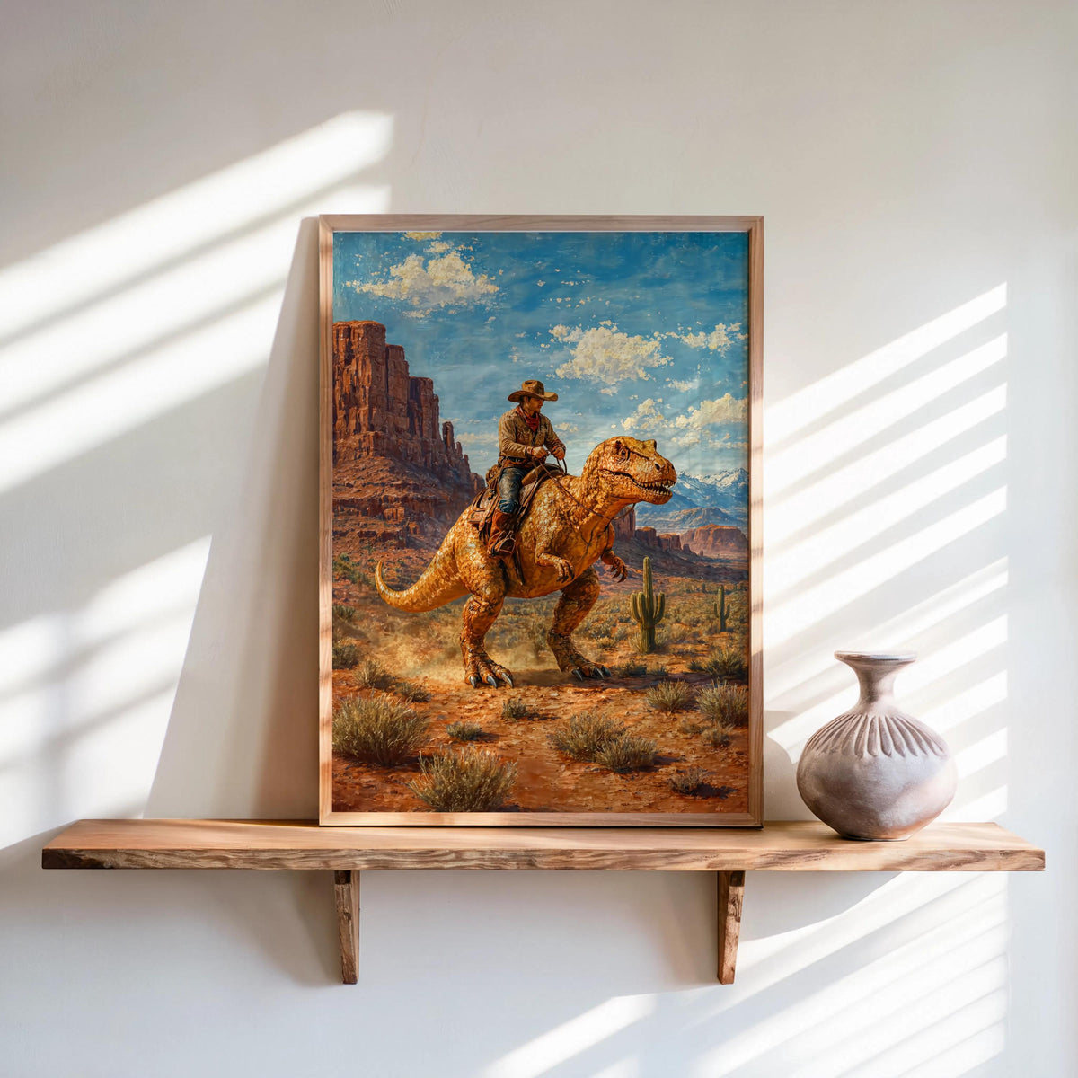 Cowboy & Cowgirl Riding Dinosaur Set of 2, Vintage Western T-Rex Print, Surreal Desert Landscape Deco, Funny Retro Jurassic Dino Print