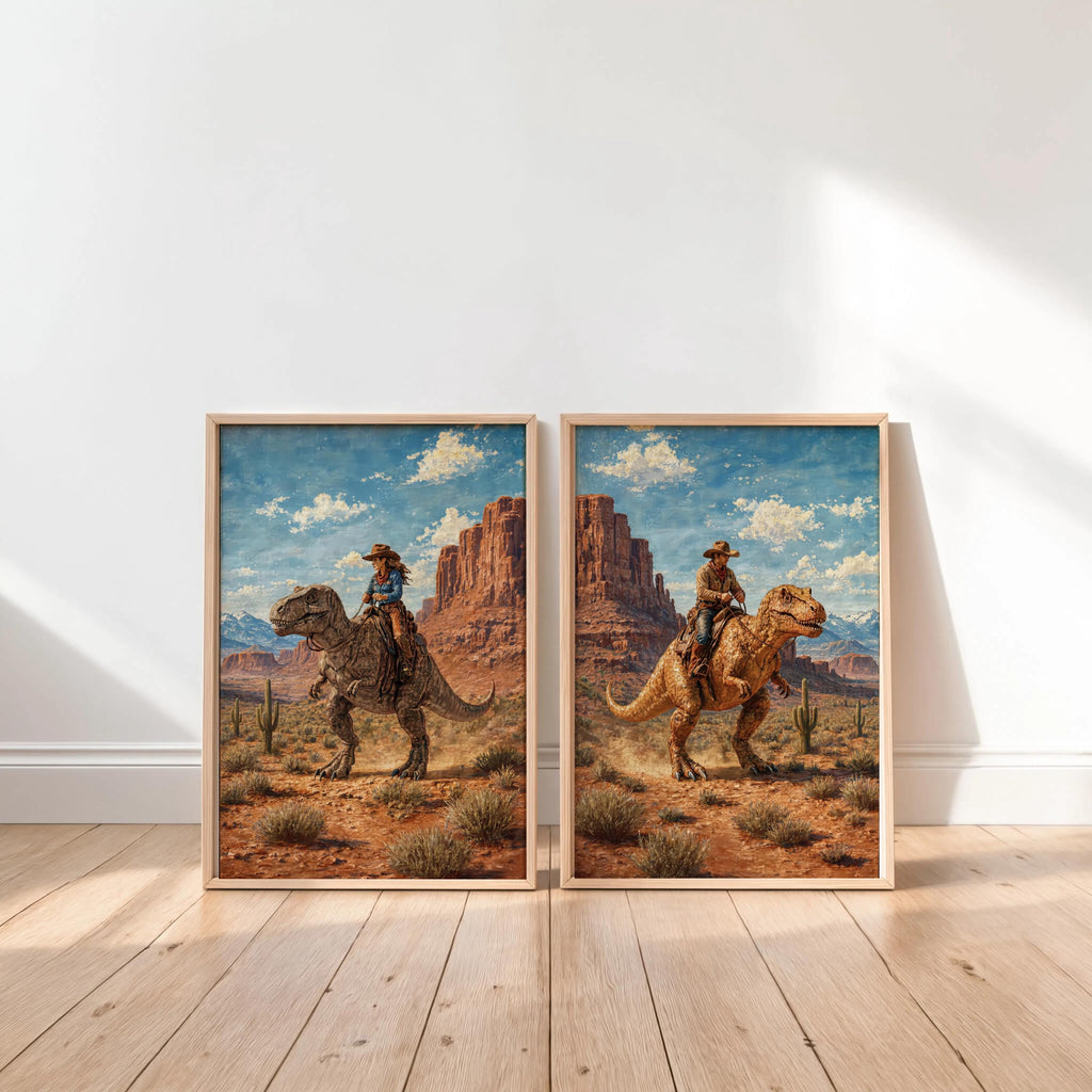 Cowboy & Cowgirl Riding Dinosaur Set of 2, Vintage Western T-Rex Print, Surreal Desert Landscape Deco, Funny Retro Jurassic Dino Print