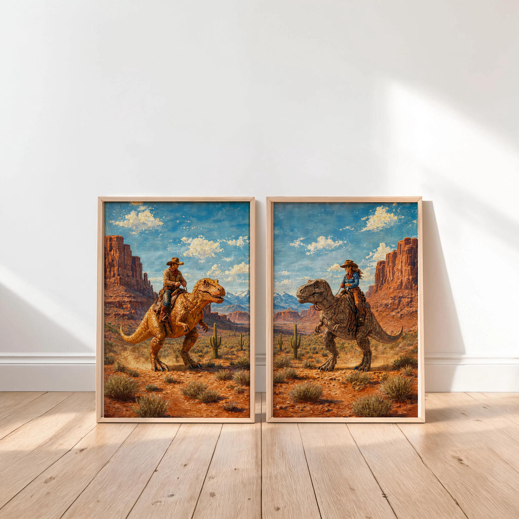Cowboy & Cowgirl Riding Dinosaur Set of 2, Vintage Western T-Rex Print, Surreal Desert Landscape Deco, Funny Retro Jurassic Dino Print