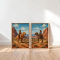 Cowboy & Cowgirl Riding Dinosaur Set of 2, Vintage Western T-Rex Print, Surreal Desert Landscape Deco, Funny Retro Jurassic Dino Print