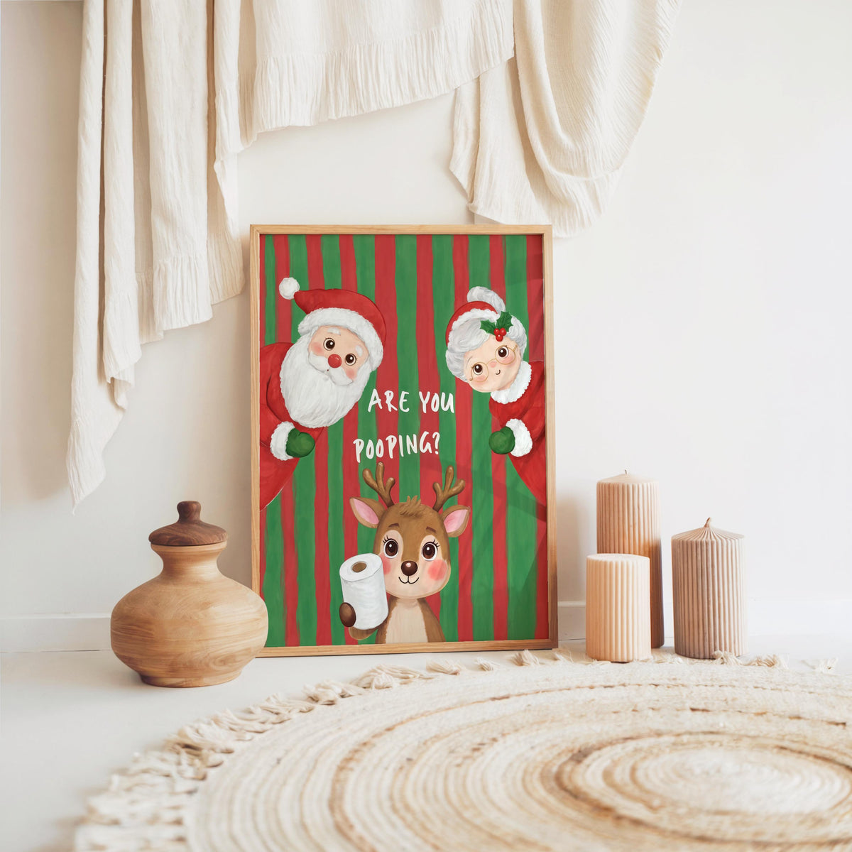 Are You Pooping Christmas Bathroom Print, Funny Xmas Restroom Decor, Whimsical Santa Claus Ms Claus Powder Room Poster, Festive Holiday Art