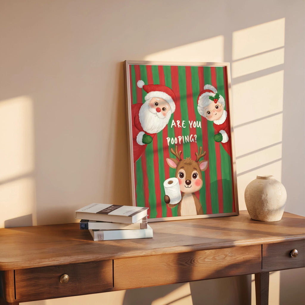 Are You Pooping Christmas Bathroom Print, Funny Xmas Restroom Decor, Whimsical Santa Claus Ms Claus Powder Room Poster, Festive Holiday Art