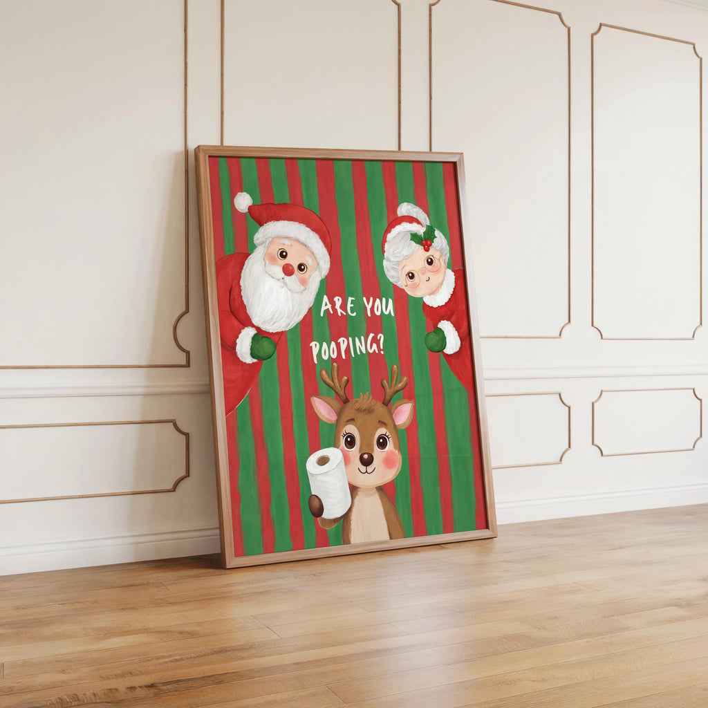 Are You Pooping Christmas Bathroom Print, Funny Xmas Restroom Decor, Whimsical Santa Claus Ms Claus Powder Room Poster, Festive Holiday Art