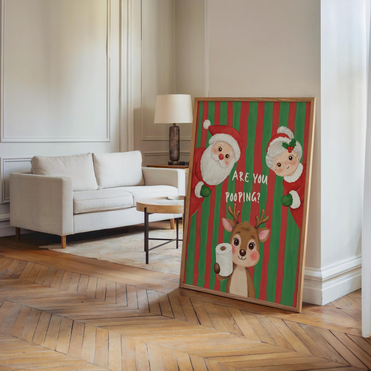 Are You Pooping Christmas Bathroom Print, Funny Xmas Restroom Decor, Whimsical Santa Claus Ms Claus Powder Room Poster, Festive Holiday Art
