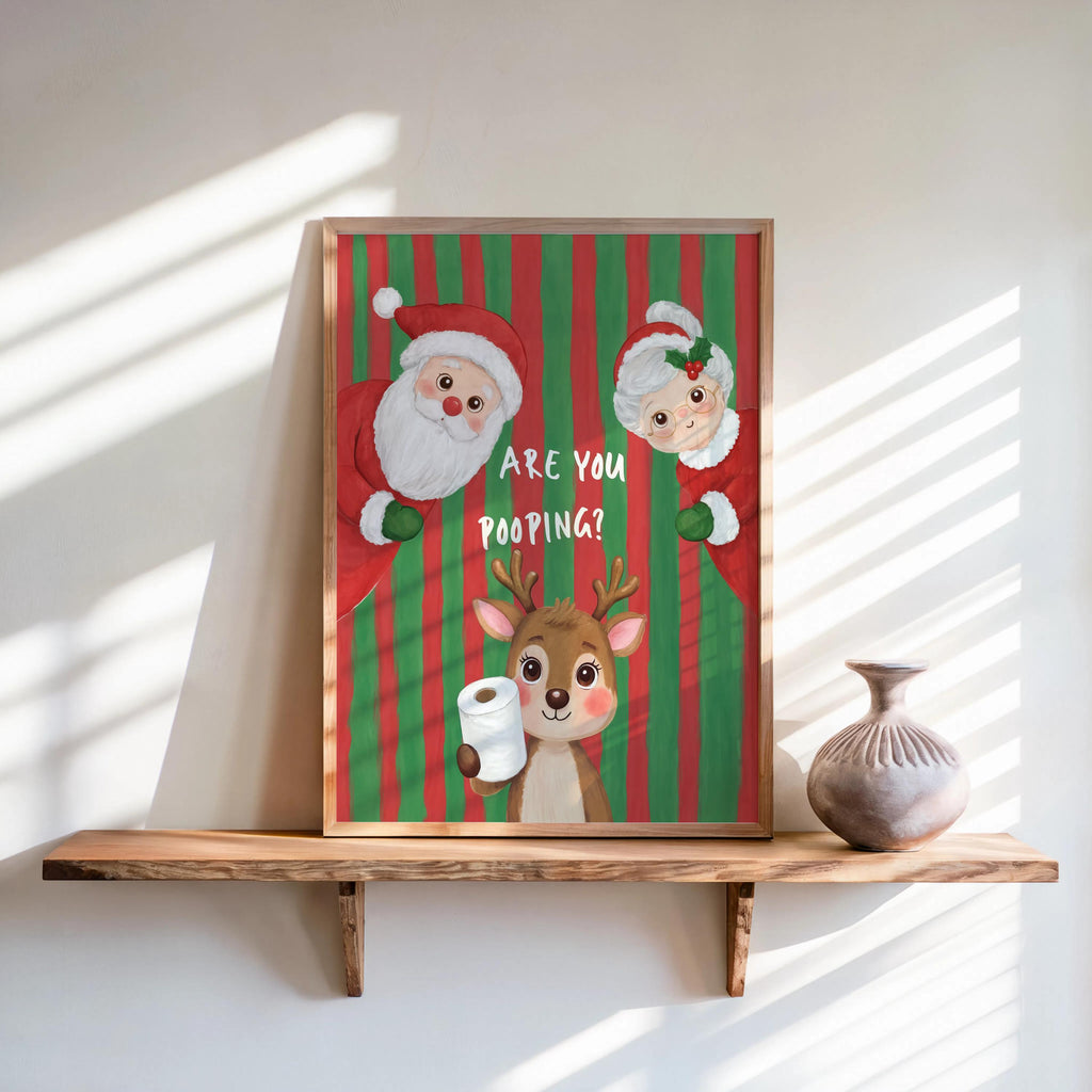 Are You Pooping Christmas Bathroom Print, Funny Xmas Restroom Decor, Whimsical Santa Claus Ms Claus Powder Room Poster, Festive Holiday Art