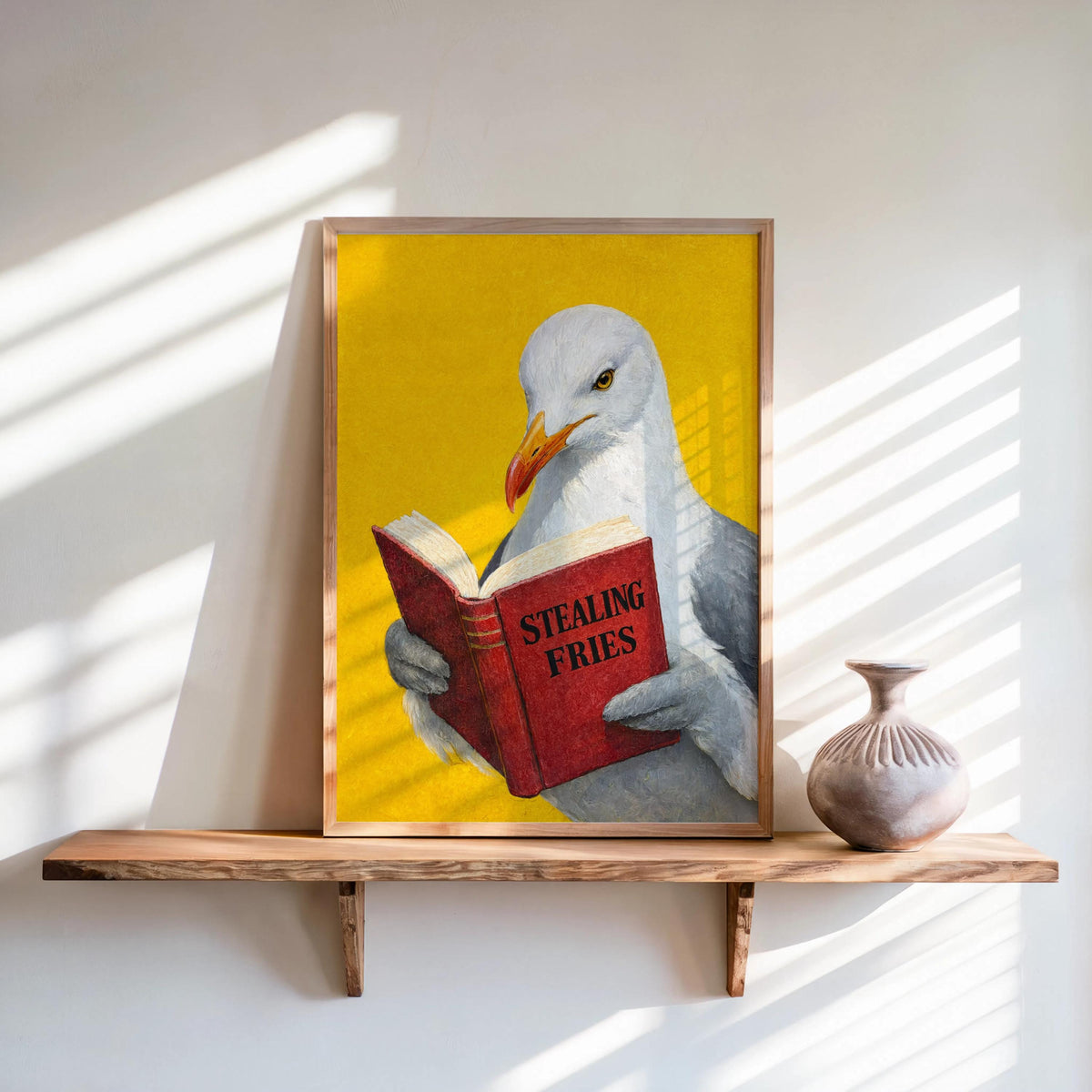 Bright yellow background, red book, seagull looks down while sunlight hits frame, funny seagull reading art print