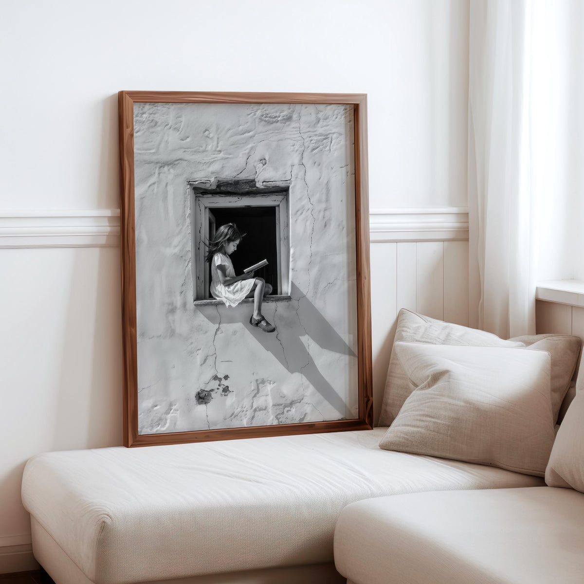Girl Reading Book in Window Art, Realistic Digital Illustration, Black & White Architectural Print, Minimalist Storytelling Wall Decor