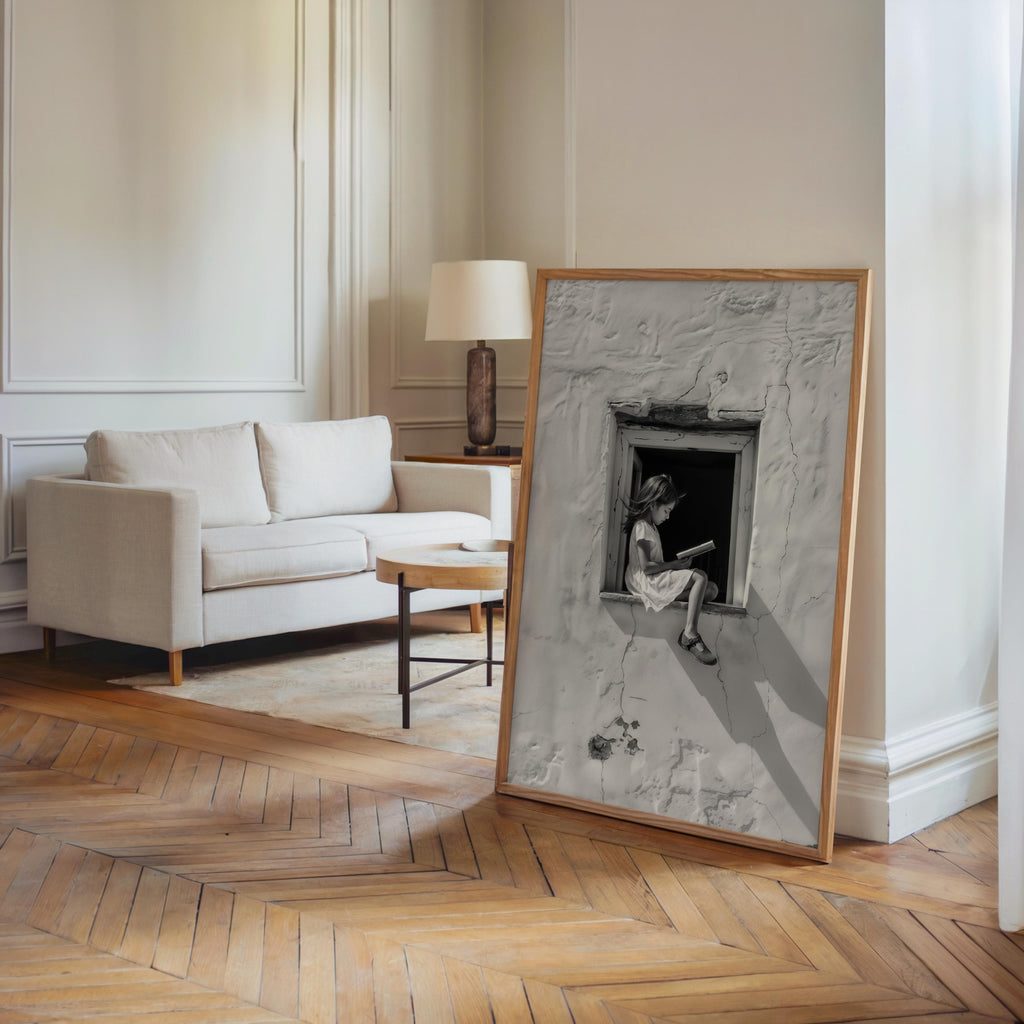Girl Reading Book in Window Art, Realistic Digital Illustration, Black & White Architectural Print, Minimalist Storytelling Wall Decor