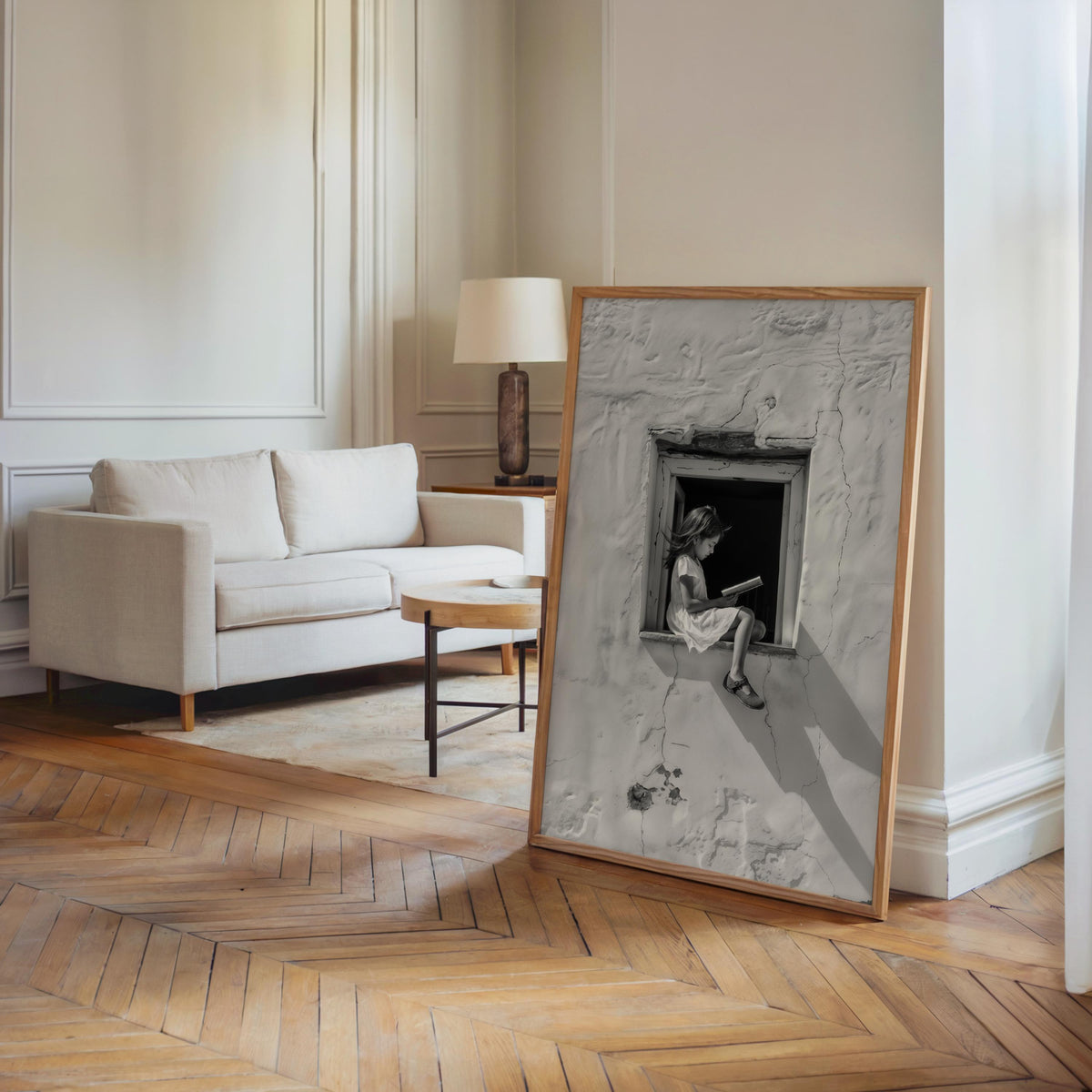 Girl Reading Book in Window Art, Realistic Digital Illustration, Black & White Architectural Print, Minimalist Storytelling Wall Decor