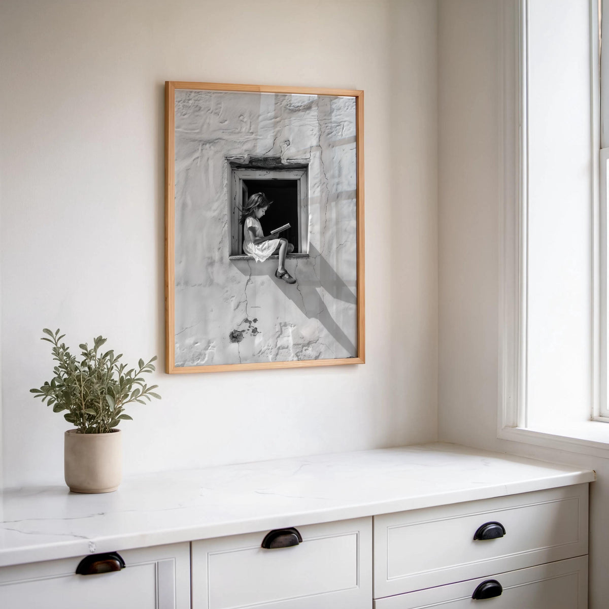 Girl Reading Book in Window Art, Realistic Digital Illustration, Black & White Architectural Print, Minimalist Storytelling Wall Decor