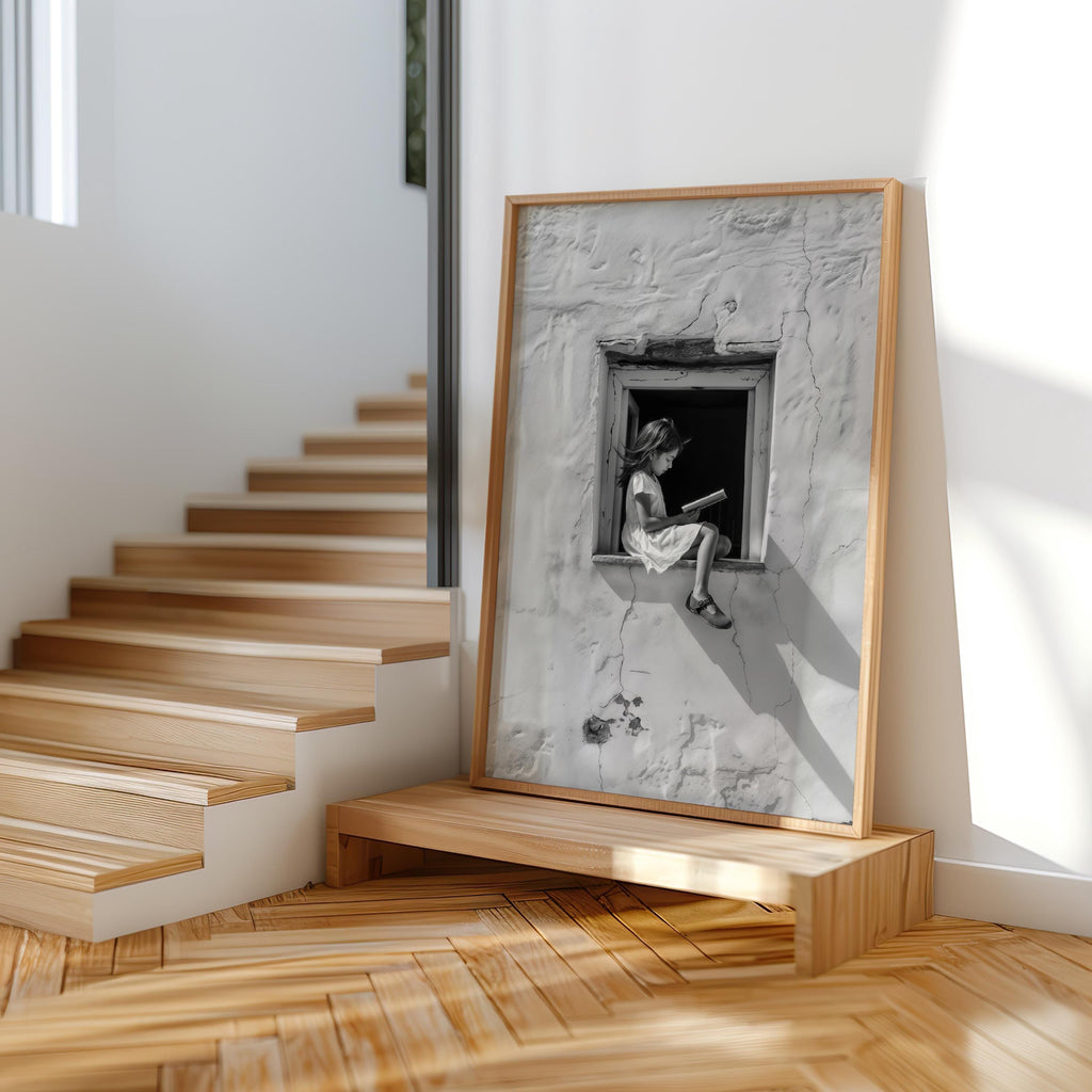 Girl Reading Book in Window Art, Realistic Digital Illustration, Black & White Architectural Print, Minimalist Storytelling Wall Decor