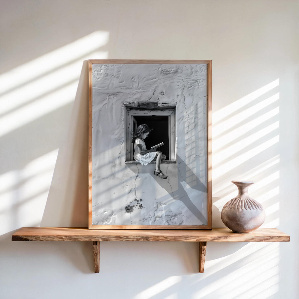 Girl Reading Book in Window Art, Realistic Digital Illustration, Black & White Architectural Print, Minimalist Storytelling Wall Decor