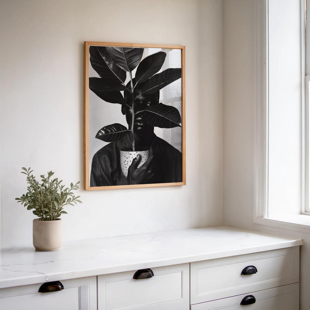 Black Man Plant Wall Art, Afrocentric Botanical Portrait, Black & White Decor, African American Pride, Plant Lover Decor, Realistic Digital
