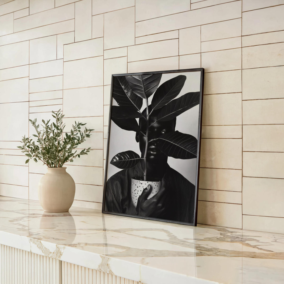 Black Man Plant Wall Art, Afrocentric Botanical Portrait, Black & White Decor, African American Pride, Plant Lover Decor, Realistic Digital