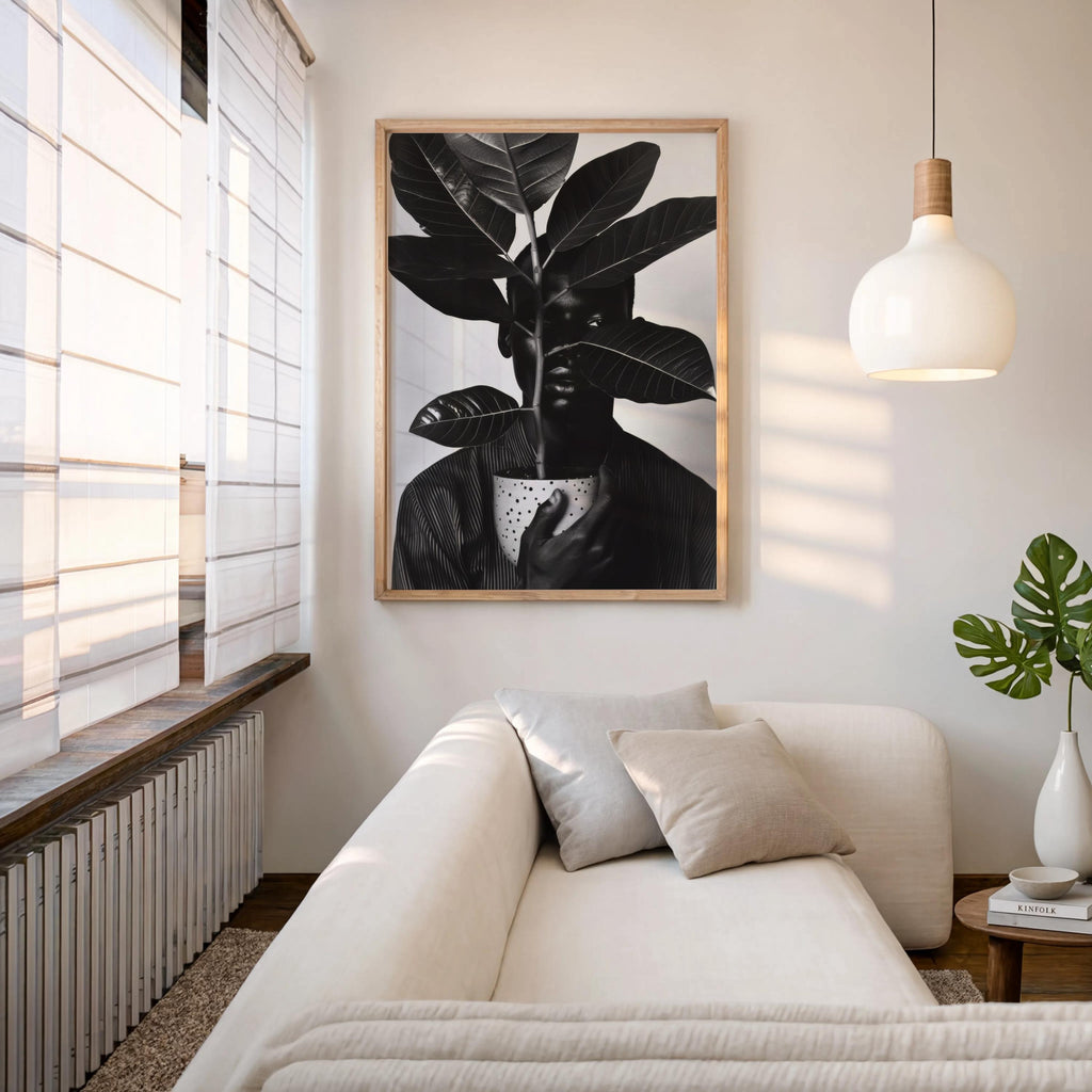 Black Man Plant Wall Art, Afrocentric Botanical Portrait, Black & White Decor, African American Pride, Plant Lover Decor, Realistic Digital