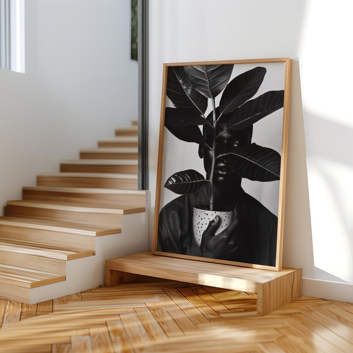Black Man Plant Wall Art, Afrocentric Botanical Portrait, Black & White Decor, African American Pride, Plant Lover Decor, Realistic Digital