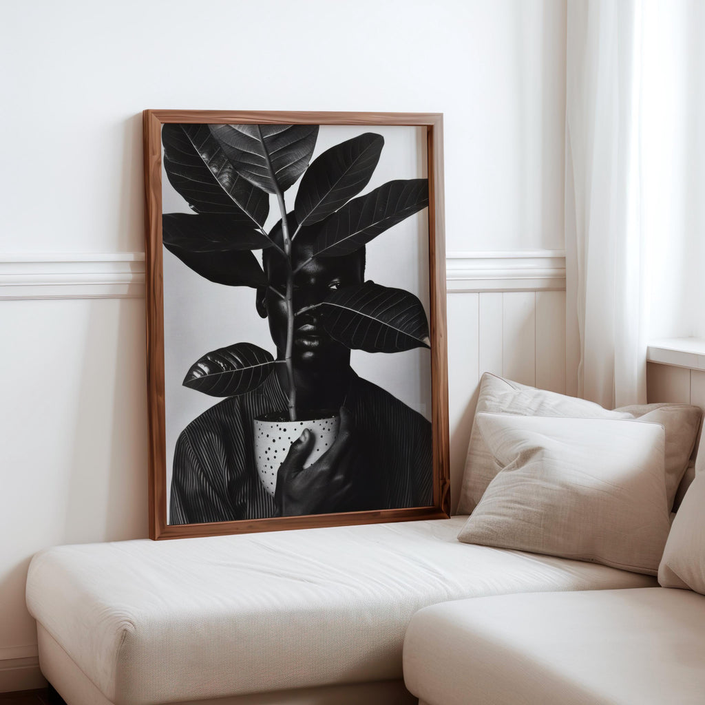 Black Man Plant Wall Art, Afrocentric Botanical Portrait, Black & White Decor, African American Pride, Plant Lover Decor, Realistic Digital