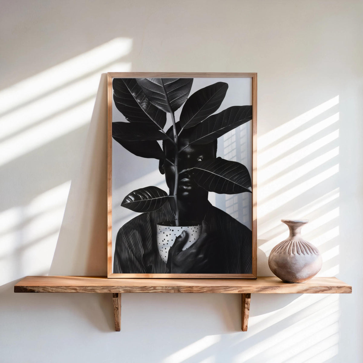 Black Man Plant Wall Art, Afrocentric Botanical Portrait, Black & White Decor, African American Pride, Plant Lover Decor, Realistic Digital