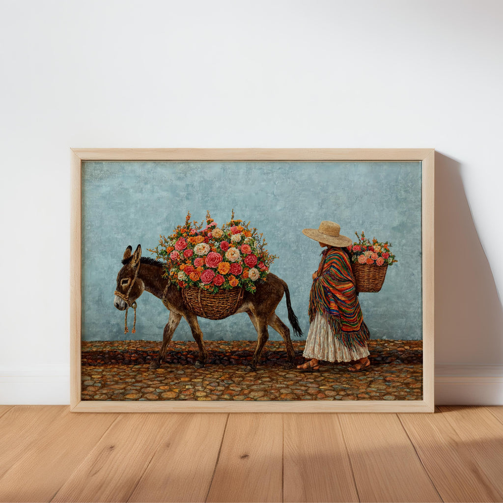 Mexican market wall art print with turquoise backdrop, woman in striped serape beside flower-laden donkey, bold brushstrokes