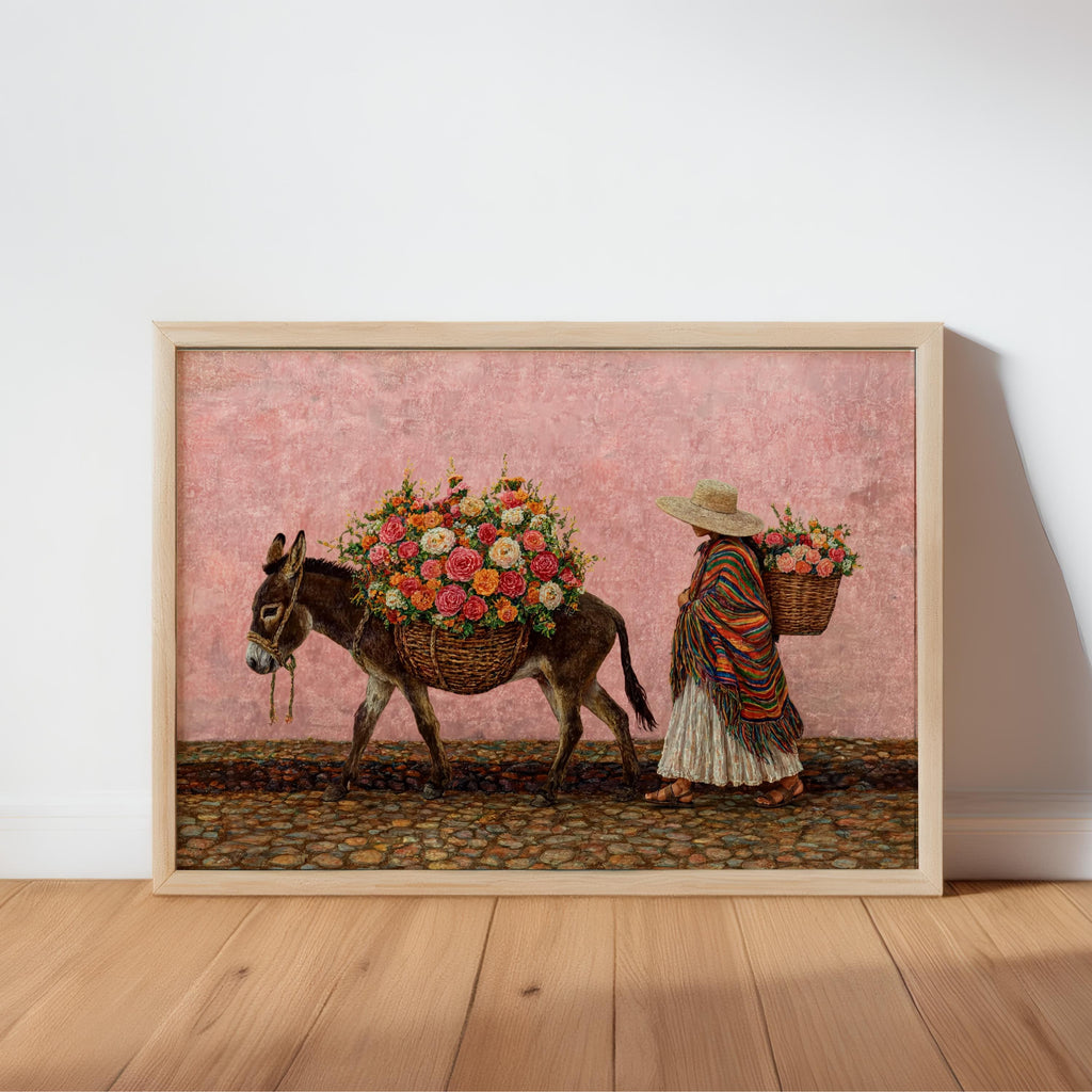 Framed mexican folk art wall art on floor, pink distressed background, donkey carrying bright flowers, textured oil brushstrokes