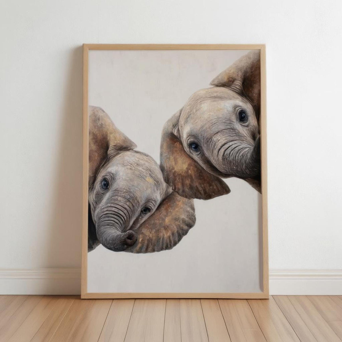 Leaning wood-framed safari nursery wall art, two baby elephants peeking, soft beige and warm browns
