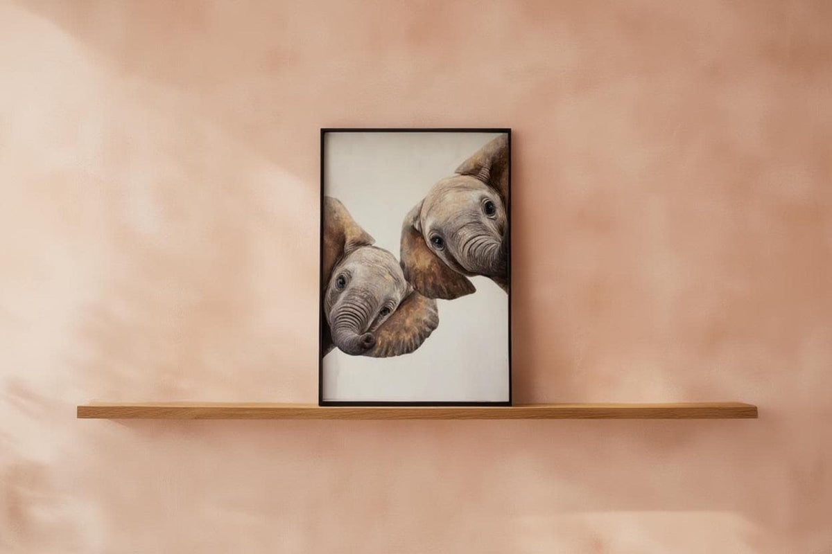 Slim frame on floating shelf, peeking elephant nursery decor against warm terracotta wall, minimalist styling