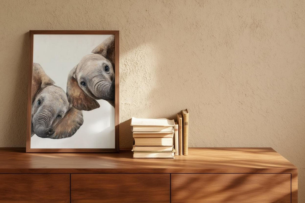 Leaning frame on low cabinet next to stacked books, baby elephant wall art, soft grey and beige tones
