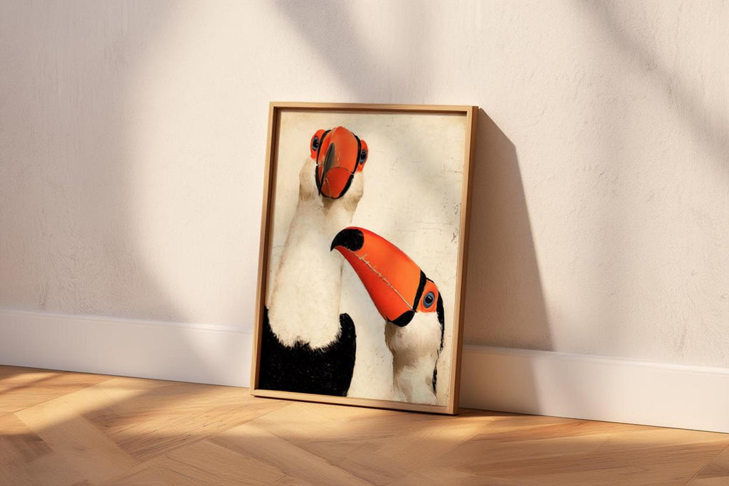 Toucan wall art print in light wood frame leaning at an angle on hardwood floor, warm sunlit shadow