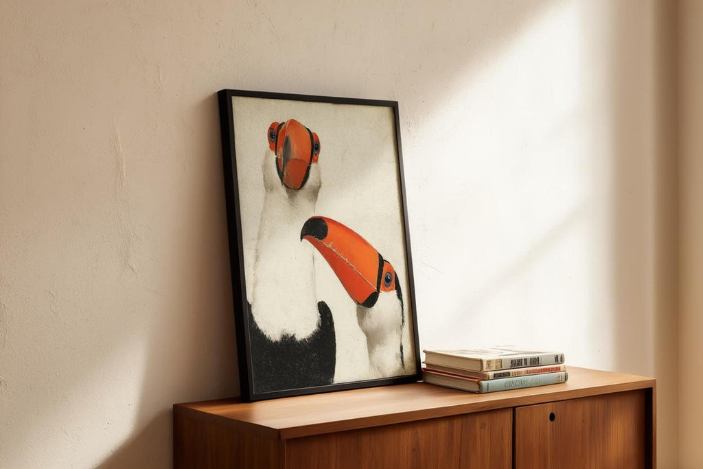 Toucan wall art print in black frame on low cabinet, neat book stack, gentle sunlit textured wall