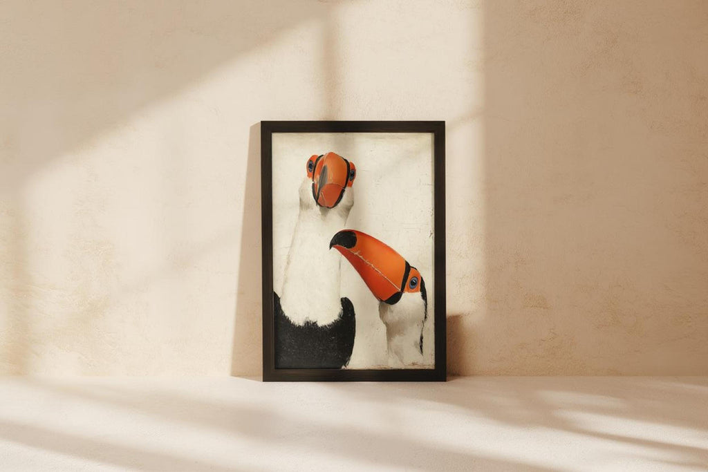 Small framed toucan wall art print on low console, bright morning light, playful peeking birds wall art