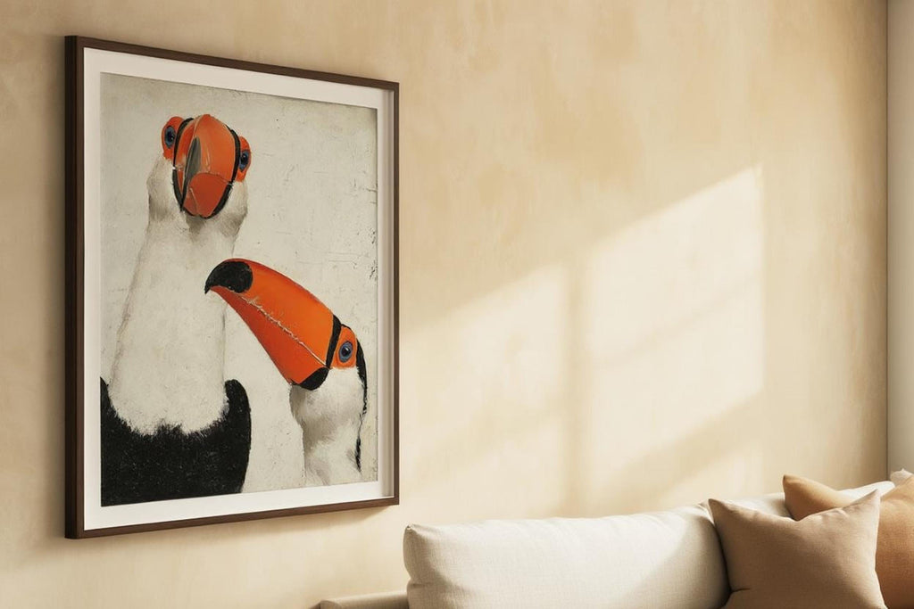 Toucan wall art print hung above sofa with cushions, warm textured wall, neutral jungle nursery decor