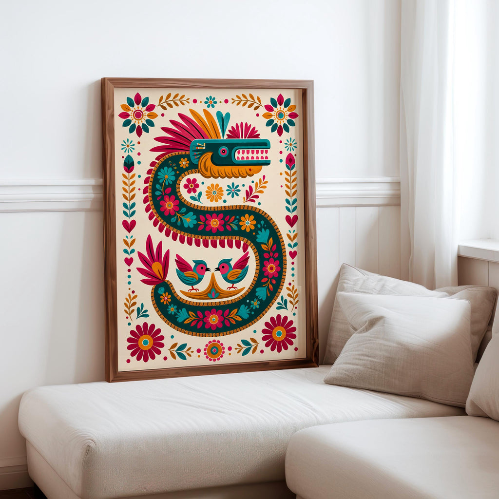 Vibrant Quetzalcoatl Feathered Serpent Folk Art Print - Colorful Aztec God Mexican Mythology Wall Decor, Printed Boho Cultural Poster