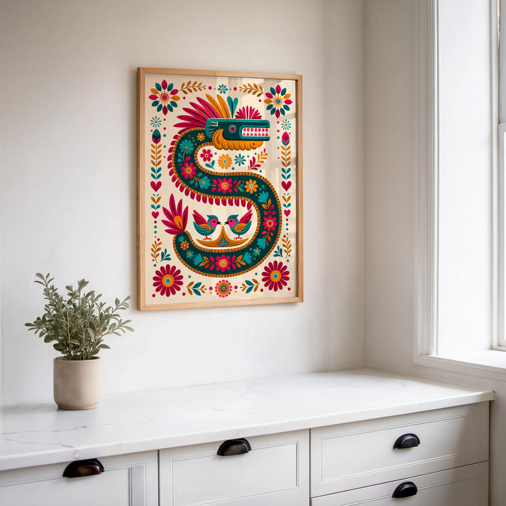 Vibrant Quetzalcoatl Feathered Serpent Folk Art Print - Colorful Aztec God Mexican Mythology Wall Decor, Printed Boho Cultural Poster