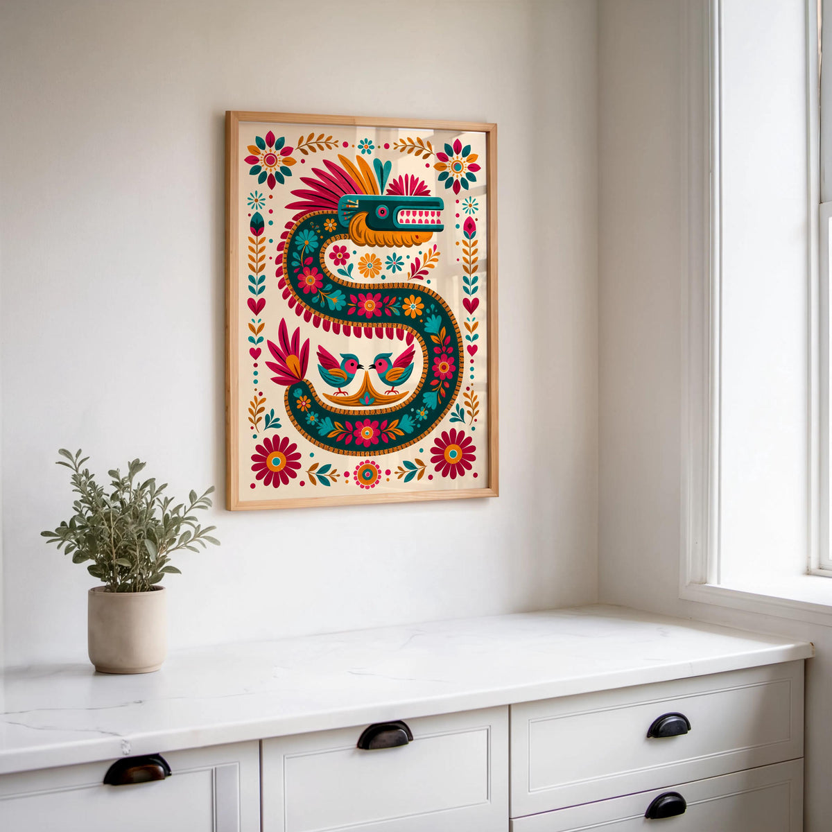 Vibrant Quetzalcoatl Feathered Serpent Folk Art Print - Colorful Aztec God Mexican Mythology Wall Decor, Printed Boho Cultural Poster