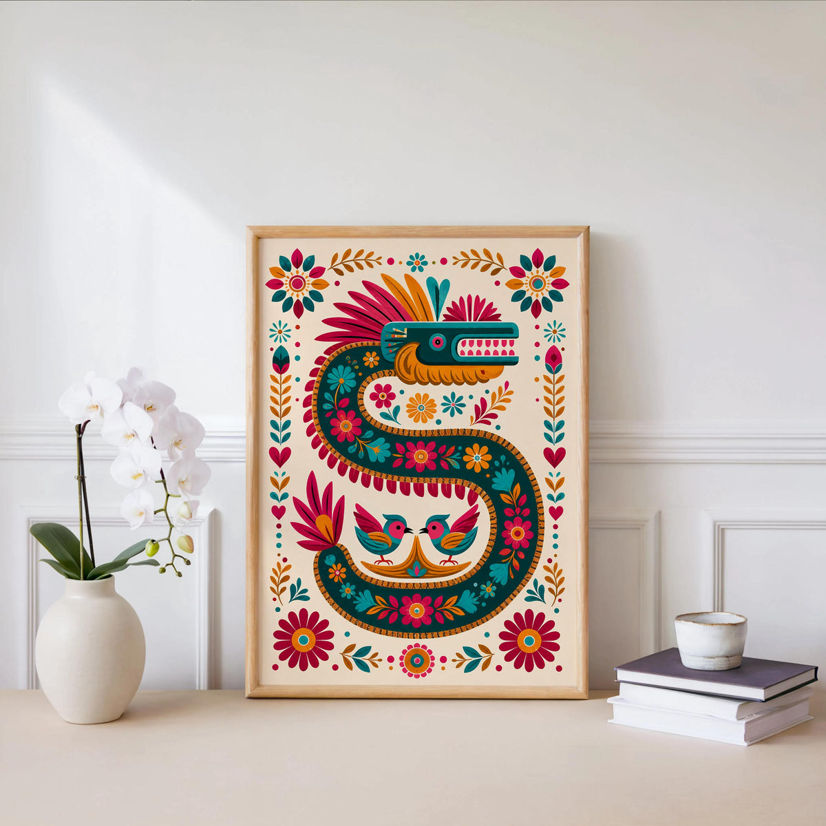 Vibrant Quetzalcoatl Feathered Serpent Folk Art Print - Colorful Aztec God Mexican Mythology Wall Decor, Printed Boho Cultural Poster