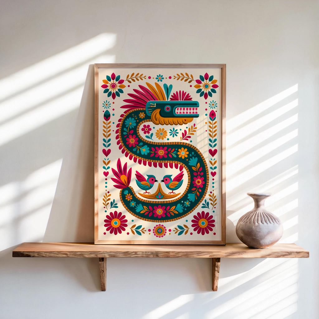 Vibrant Quetzalcoatl Feathered Serpent Folk Art Print - Colorful Aztec God Mexican Mythology Wall Decor, Printed Boho Cultural Poster
