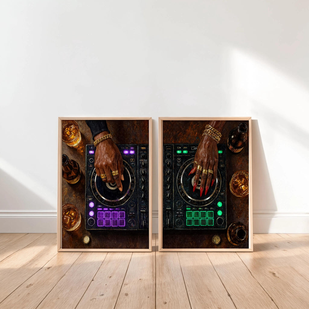 Black Culture DJ Turntable Art Set of 2, Modern Music Studio Print, Black Woman & Man DJ Decks Controller Poster, Urban Club Lover Gift