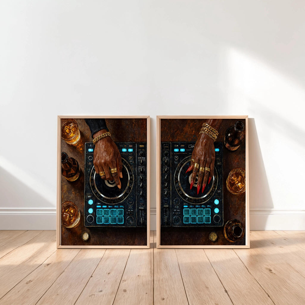 Black Culture DJ Turntable Art Set of 2, Modern Music Studio Print, Black Woman & Man DJ Decks Controller Poster, Urban Club Lover Gift