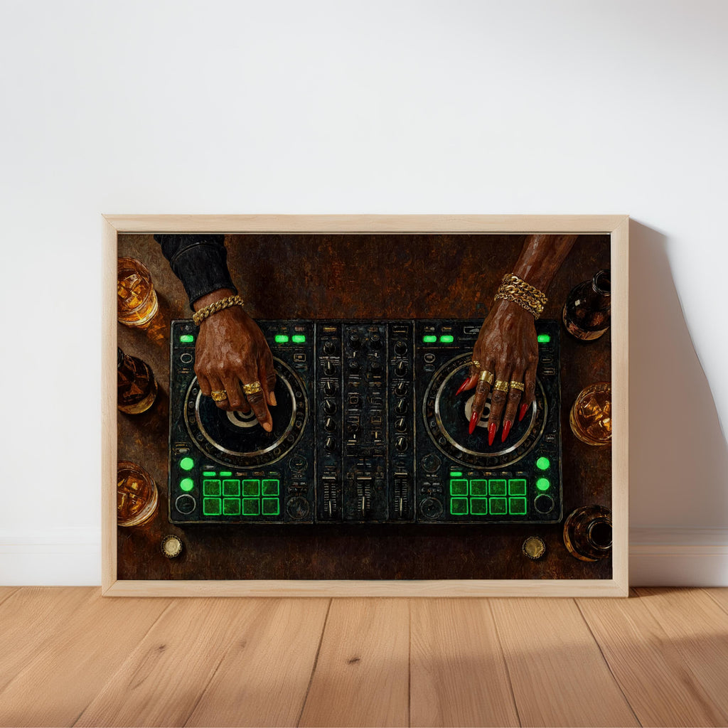 Black Woman & Man DJ Wall Art, Turntable Music Producer Print, Electronic Studio Decor, Nightclub Panel, Audiophile Poster, Music Room Sign