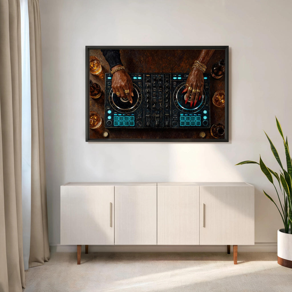Black Woman & Man DJ Wall Art, Turntable Music Producer Print, Electronic Studio Decor, Nightclub Panel, Audiophile Poster, Music Room Sign