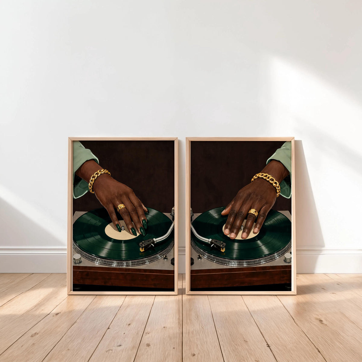 Vinyl Record Player Art Set of 2: Black Woman & Man Hands Print, Modern Music Studio Wall Art, Stylish Afrocentric African DJ Soul Poster