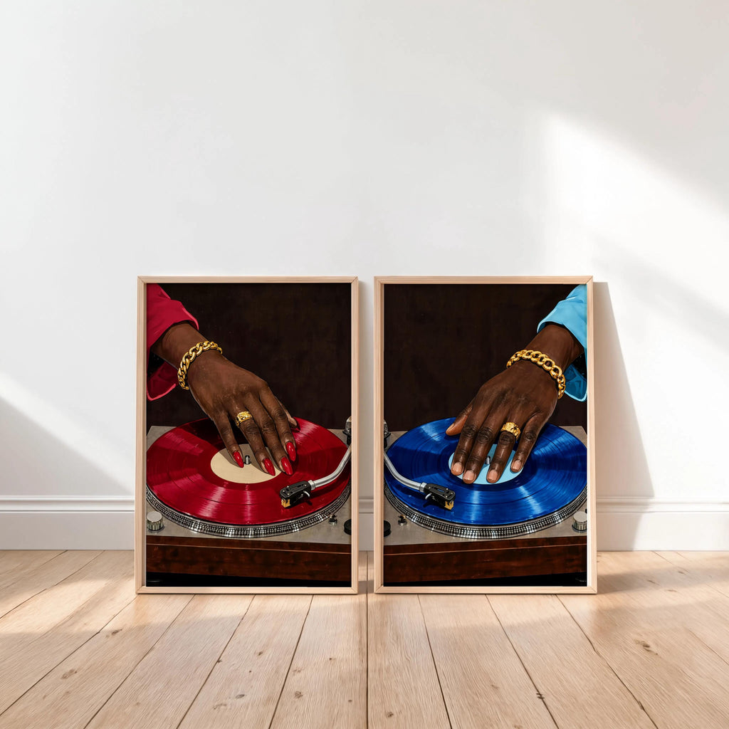 Vinyl Record Player Art Set of 2: Black Woman & Man Hands Print, Modern Music Studio Wall Art, Stylish Afrocentric African DJ Soul Poster