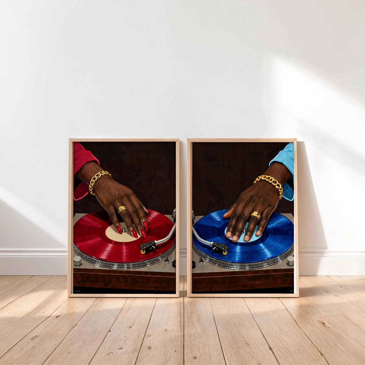 Vinyl Record Player Art Set of 2: Black Woman & Man Hands Print, Modern Music Studio Wall Art, Stylish Afrocentric African DJ Soul Poster