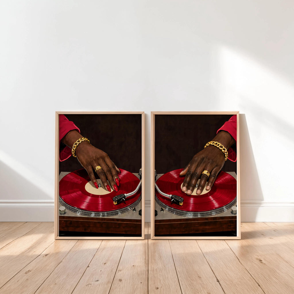 Vinyl Record Player Art Set of 2: Black Woman & Man Hands Print, Modern Music Studio Wall Art, Stylish Afrocentric African DJ Soul Poster