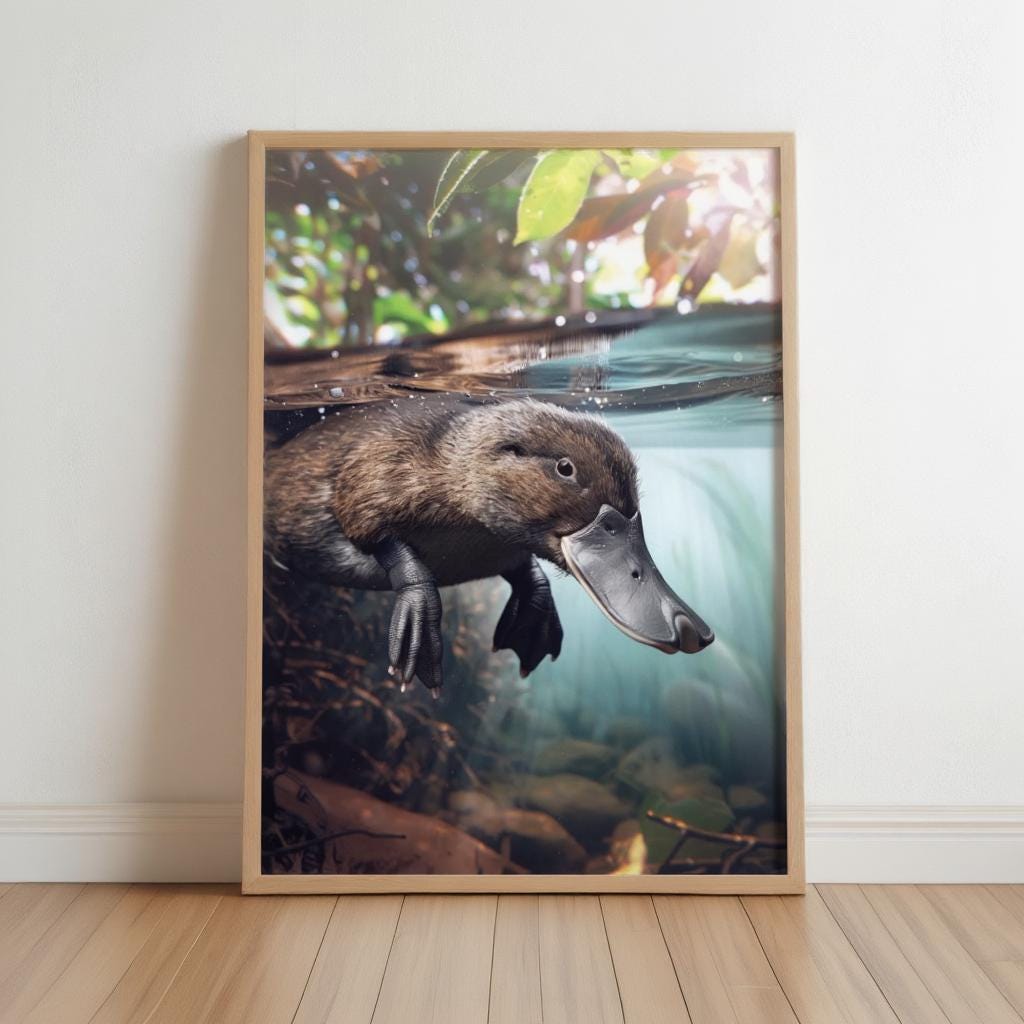 Swimming Platypus Watercolor Painting - Australian Nature Nursery Print - Adventure Themed Kids Room Decor - Realistic Wildlife Animal Gift